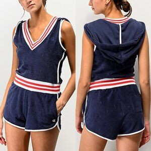 CHAMPION NWT Imperial Indigo Terry Cloth Varsity Hooded Sleeveless Romper, Small